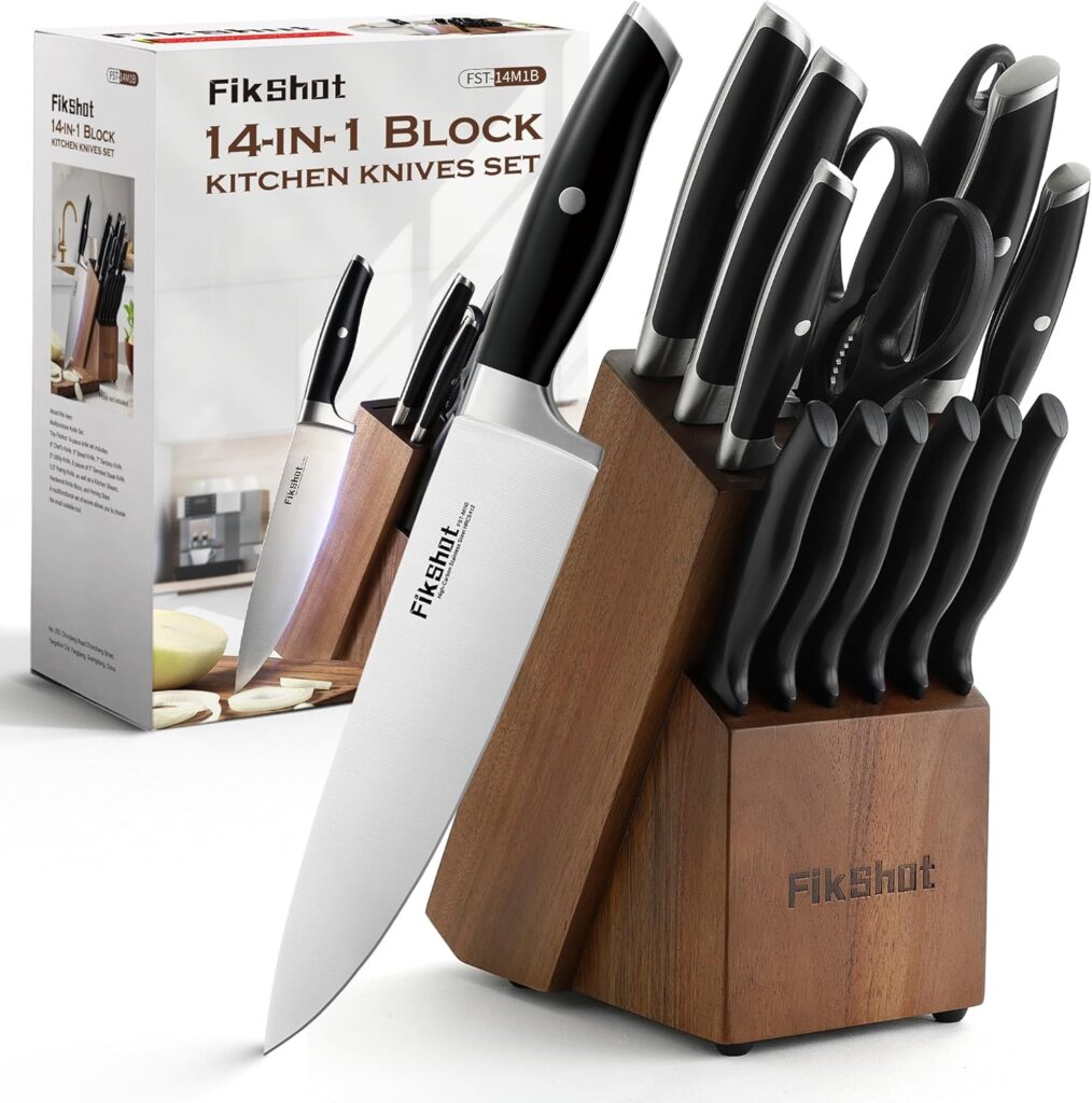 Knife Block Set, FIKSHOT Kitchen Knife Sets, High Carbon Stainless Steel Full Tang Knife set, Razor-Sharp Blade Rust Resistant, Professional Chef’s Knife for Home Cooking (BLACK)