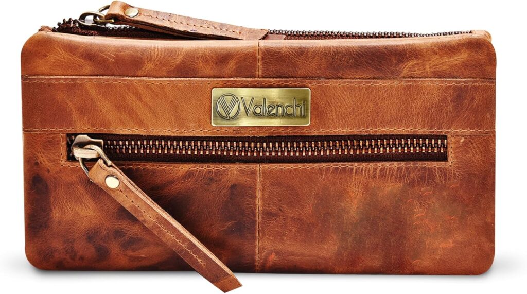 VALENCHI Women’s Leather Wallet – RFID Blocking Wallet – Ladies Clutch Hand Purse With Card Holder Slots (Cognac Vintage LW02)