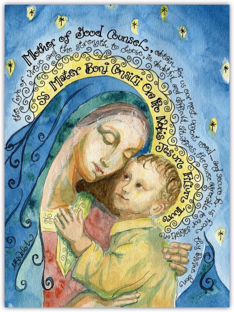 Dovetail Ink Our Lady of Good Counsel – Catholic Gift – Signed Art Print (Soft Evening Blues, 5×7 Inches)