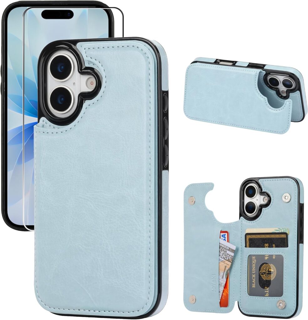 Compatible with iPhone 17 Wallet Case with Card Holder, PU Leather Kickstand Card Slots Case with Screen Protecor, Double Magnetic Clasp and Durable Shockproof Cover 6.3 “-Iceblue