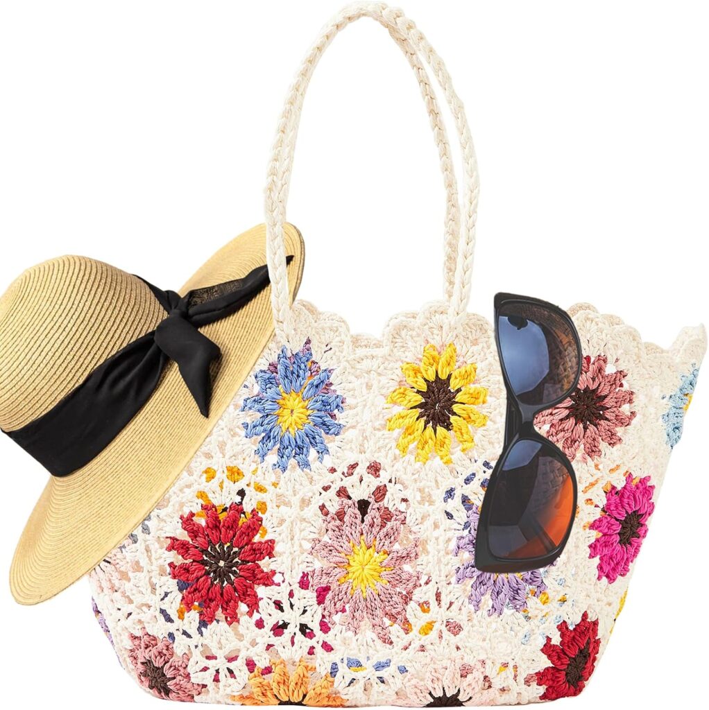 Beach Bags for Women Straw Tote Bag Floral Straw Bag Beach Straw Bag Large Tote Handbag Summer Beach Bag