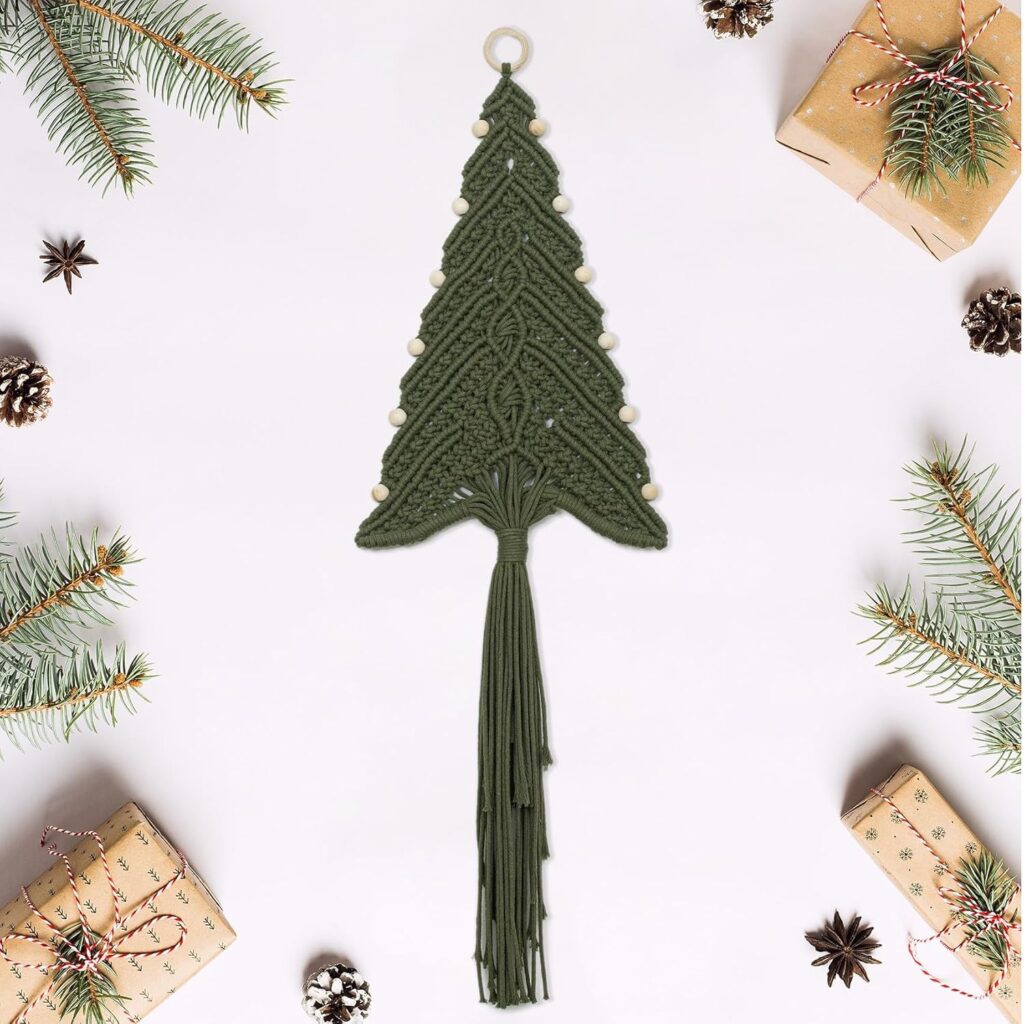 LB Christmas Tree Macrame Wall Hanging Boho Christmas Handmade Ornaments Army Green Holiday Wall Decor with Tassel and Bead for Living Room Bedroom Nursery Classroom Office,31.5×10.63 inch