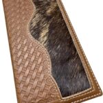 Long Leather Western Wallet for Men – Horse Concho with Cowhair Inlay and Basket Weave Tooled Design – Rodeo Style Bifold