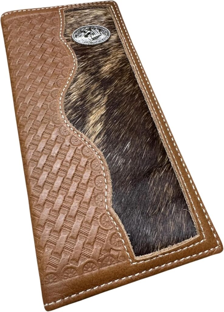 Long Leather Western Wallet for Men – Horse Concho with Cowhair Inlay and Basket Weave Tooled Design – Rodeo Style Bifold