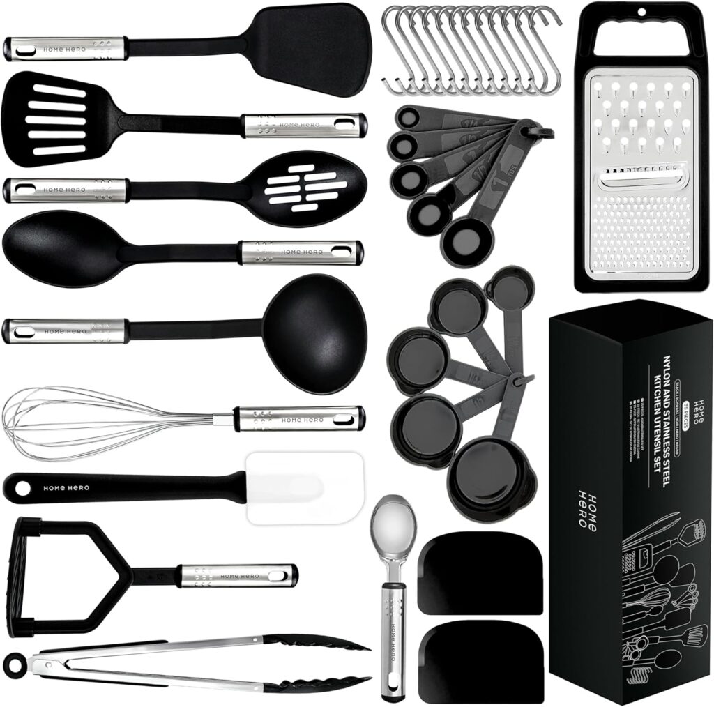 Home Hero Silicone Spatula Set – High-Heat Spatulas & Turners, Cooking Utensils – Ergonomic Steel Handles, Kitchen Tools – 35-Piece Cooking Utensils Set – Black