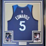 Framed Autographed/Signed Anthony Edwards 35×39 Minnesota Blue Basketball Jersey Beckett BAS COA
