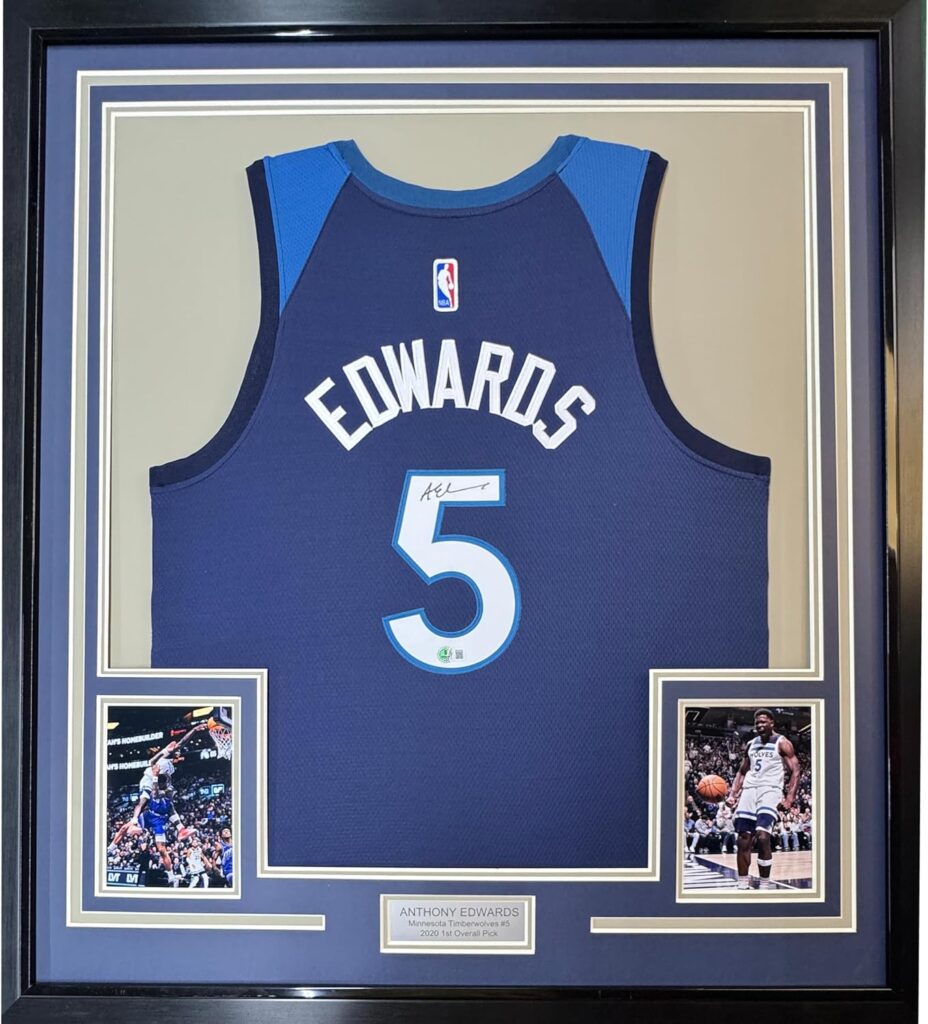 Framed Autographed/Signed Anthony Edwards 35×39 Minnesota Blue Basketball Jersey Beckett BAS COA