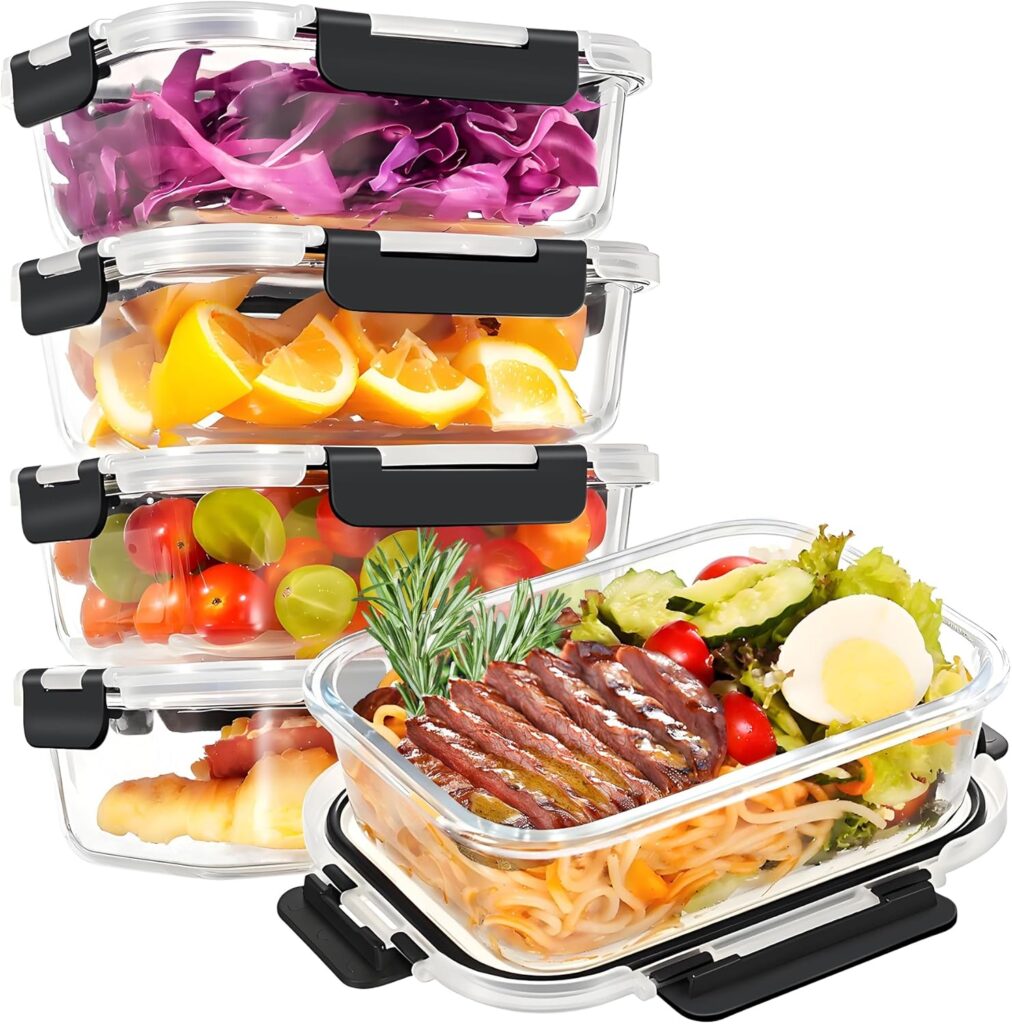 HOTEC 35OZ Glass Food Storage Container, Airtight Glass Lunch Fruit Containers with Lids – Microwave, Oven, Freezer and Dishwasher Safe, 4-PACK