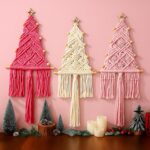 Pink Christmas Tree 3 Set Macrame Christmas Wall Decoration Hanging Ornaments Boho Wall Decor for Party Supplies(Beige, Light and Dark Pink)