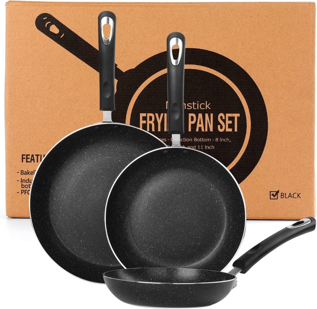 Frying Pan 3-Piece Set, Nonstick Skillet Set for Induction Cooktop, Frying Pan Nonstick 8 Inch+9.5 Inch +11 Inch (Black)