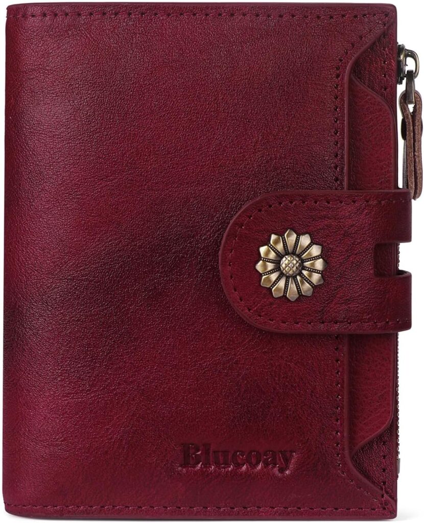 Wallet Women,RFID Blocking Real Leather Womens Wallet Bifold Compact Card Holder Small Wallet for Women with Removable ID Window Red