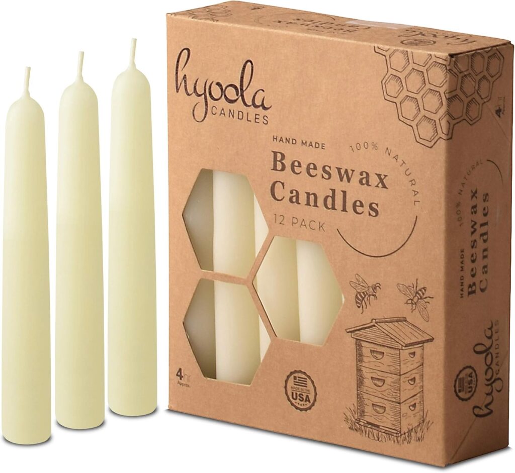 Hyoola 4″ Beeswax Taper Candles 12 Pack – Handmade, All Natural, 100% Pure Unscented Bee Wax Candle – Tall, Decorative, White 4 Hour Burn Time