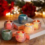 6 Pack Glass Votive Candle Holder, Small Romantic Stained Mosaic Tealight Holder, Aromatherapy Candle Lamp, Tea Light Holder Cup for Wedding Table Centerpiece, Home Decor, Christmas Party