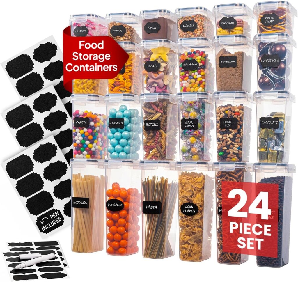 Airtight Food Storage Containers Set – Air Tight Pantry Storage Containers with Lids – Pasta Flour Sugar Cereal Containers – Storage Containers for Food – Kitchen Storage Container (Clear-24 Pack)