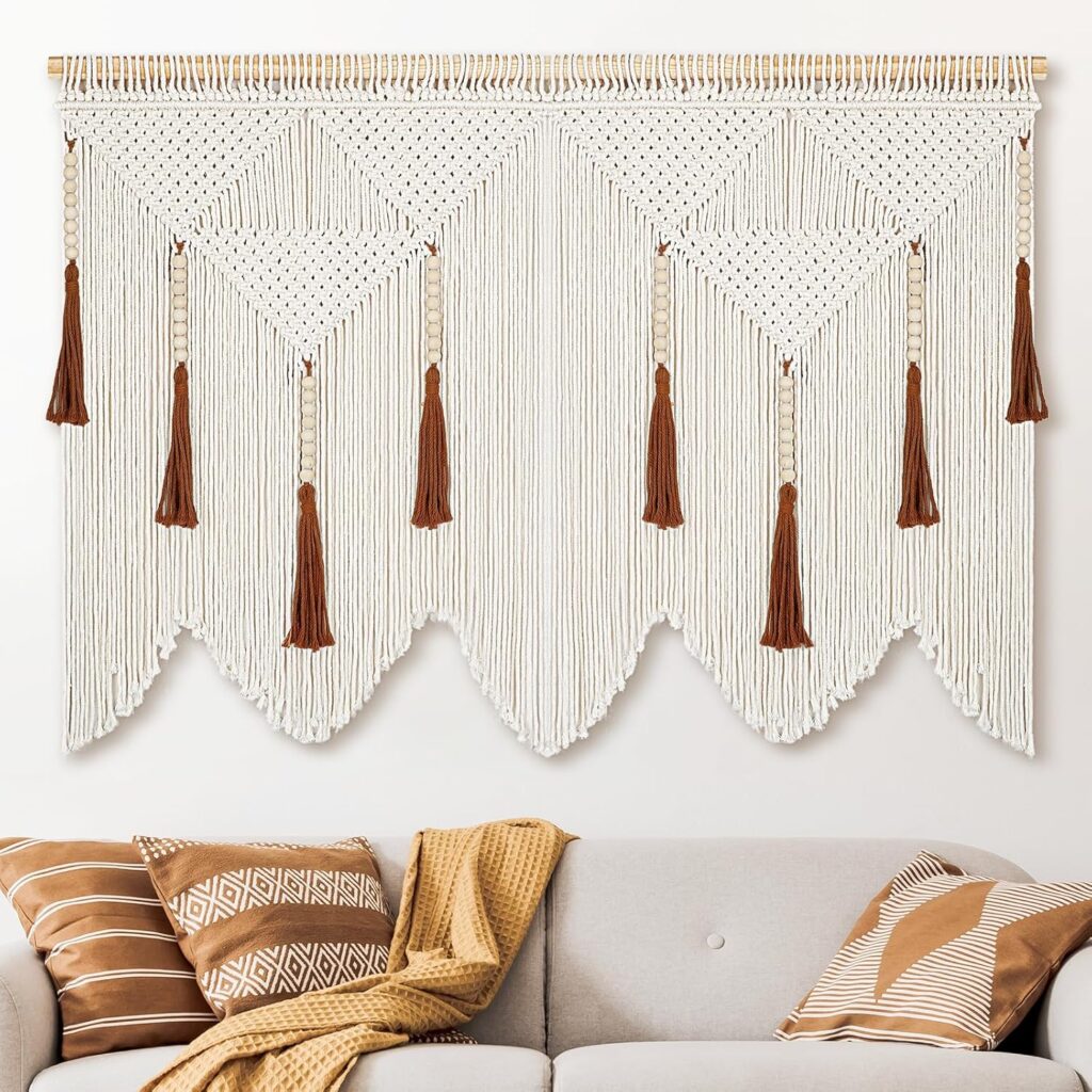 ANROYE Large Macrame Wall Hanging, Boho Woven Tapastry with Wood Bead Tassel, Above Bed Minimalist Decor for Bedroom, Bohemian Art Decoration for Living Room Apartment Home