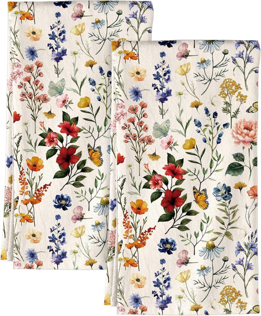 Flour Sack Kitchen Towels – Set of 2 Spring Dish Towels with Hanging Loop 18×26 Inch Absorbent Reusable Cotton Cloths for Cleaning Cute Design Home Decorative Housewarming, Vintage Flower