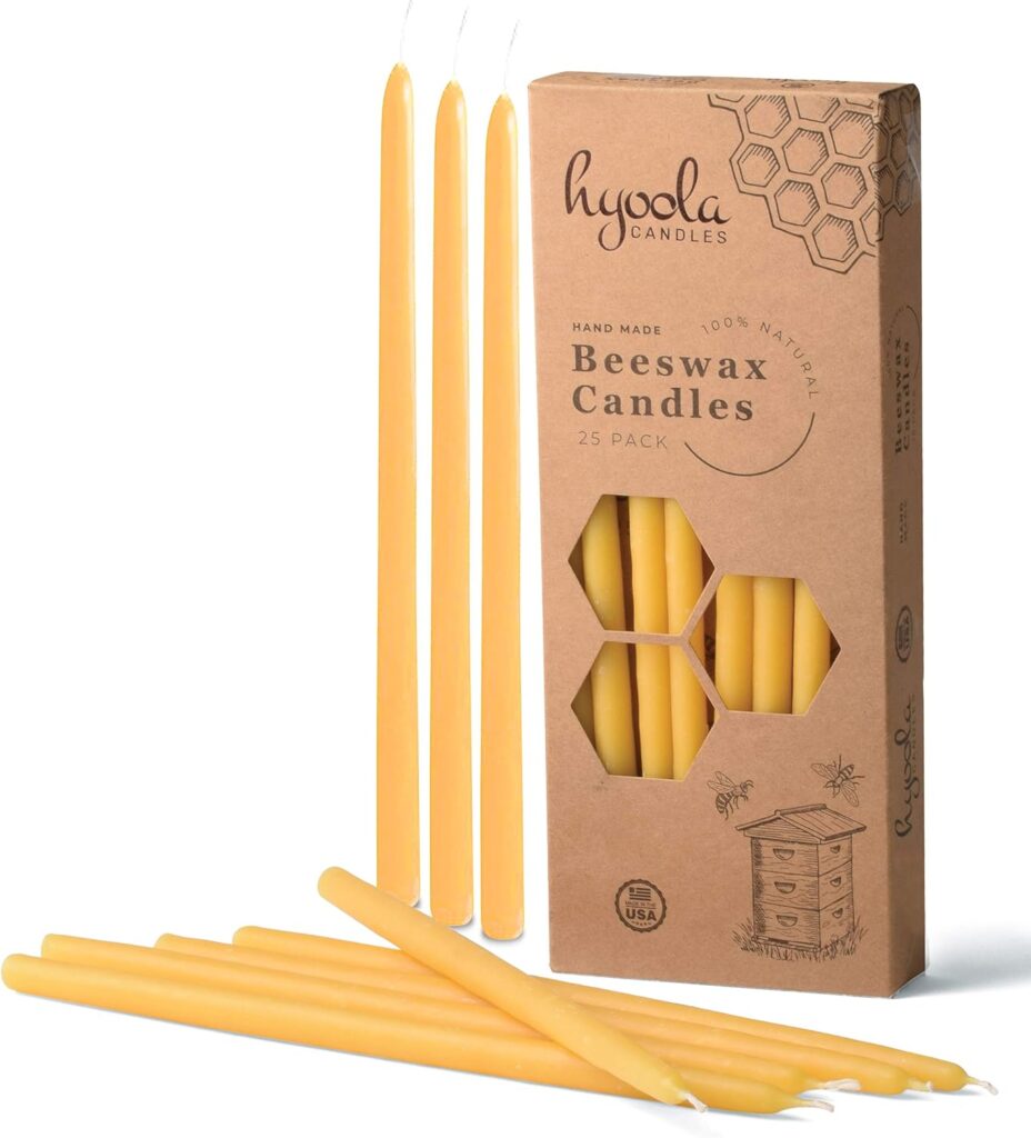 Hyoola Beeswax Taper Candles – 25 Pack – Handmade, All Natural, 100% Pure Scented Bee Wax Candle – Tall, Decorative, Golden Yellow – 9” Tall – Handmade in The USA