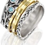 Paz Creations 925 Sterling Silver Spinner Rings for Women With Natural Gemstones – Hammered Pattern Thick Band – Handcrafted Artisan Jewelry – Fidget Rings – Gift For Her