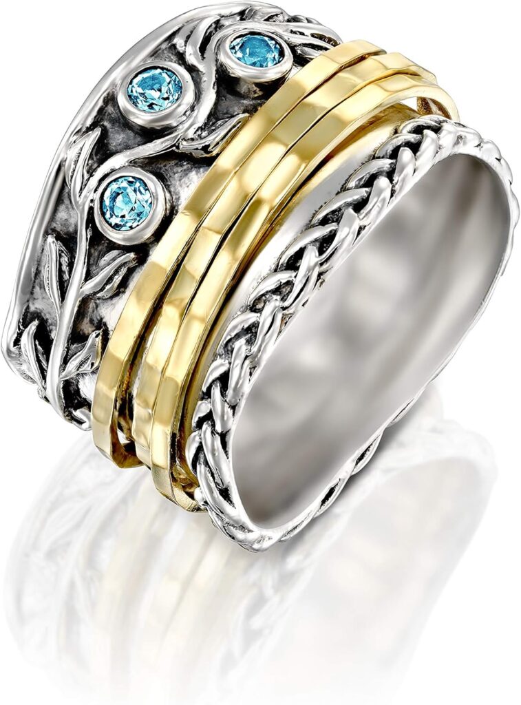 Paz Creations 925 Sterling Silver Spinner Rings for Women With Natural Gemstones – Hammered Pattern Thick Band – Handcrafted Artisan Jewelry – Fidget Rings – Gift For Her