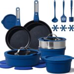 CAROTE 22pcs Pots and Pans Set Non Stick, Nonstick Cookware Set, Dishwasher/Oven/Fridge Safe Pots and Pans, Removable Handle RV Oven Safe Cookware, Induction Kitchen Set, Blue