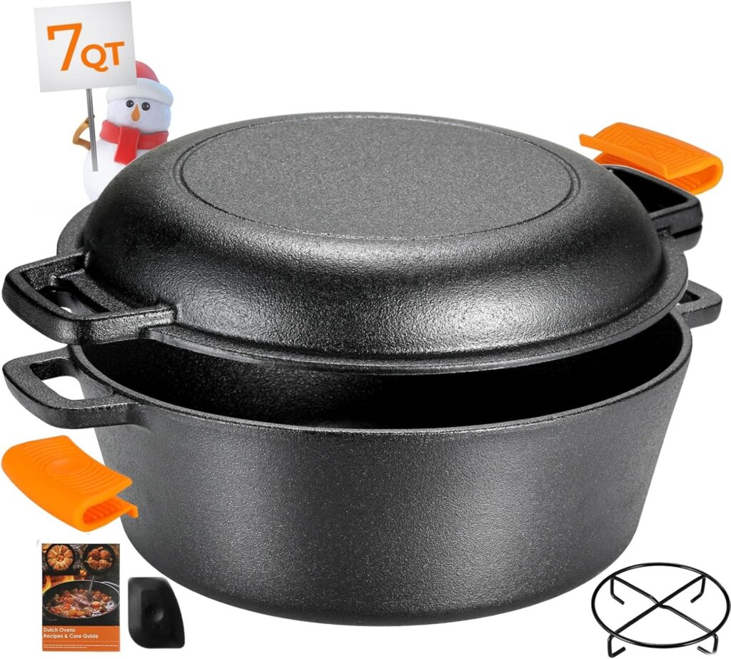 TLGREEN Cast Iron Dutch Oven Pot with Lid, Pot (5.1QT) and Lid as a Skillet(1.9QT) – Dutch Oven Cast Iron with Silicone Holders, Iron Stand, for Oven, Stove, Grill,Campfire
