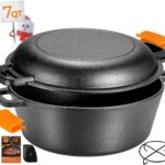 TLGREEN Cast Iron Dutch Oven Pot with Lid, Pot (5.1QT) and Lid as a Skillet(1.9QT) – Dutch Oven Cast Iron with Silicone Holders, Iron Stand, for Oven, Stove, Grill,Campfire