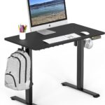 SHW 40 x 22 Inches Electric Height Adjustable Sit to Stand Desk with Hanging Hooks and Cable Management, Black Frame and Black Top
