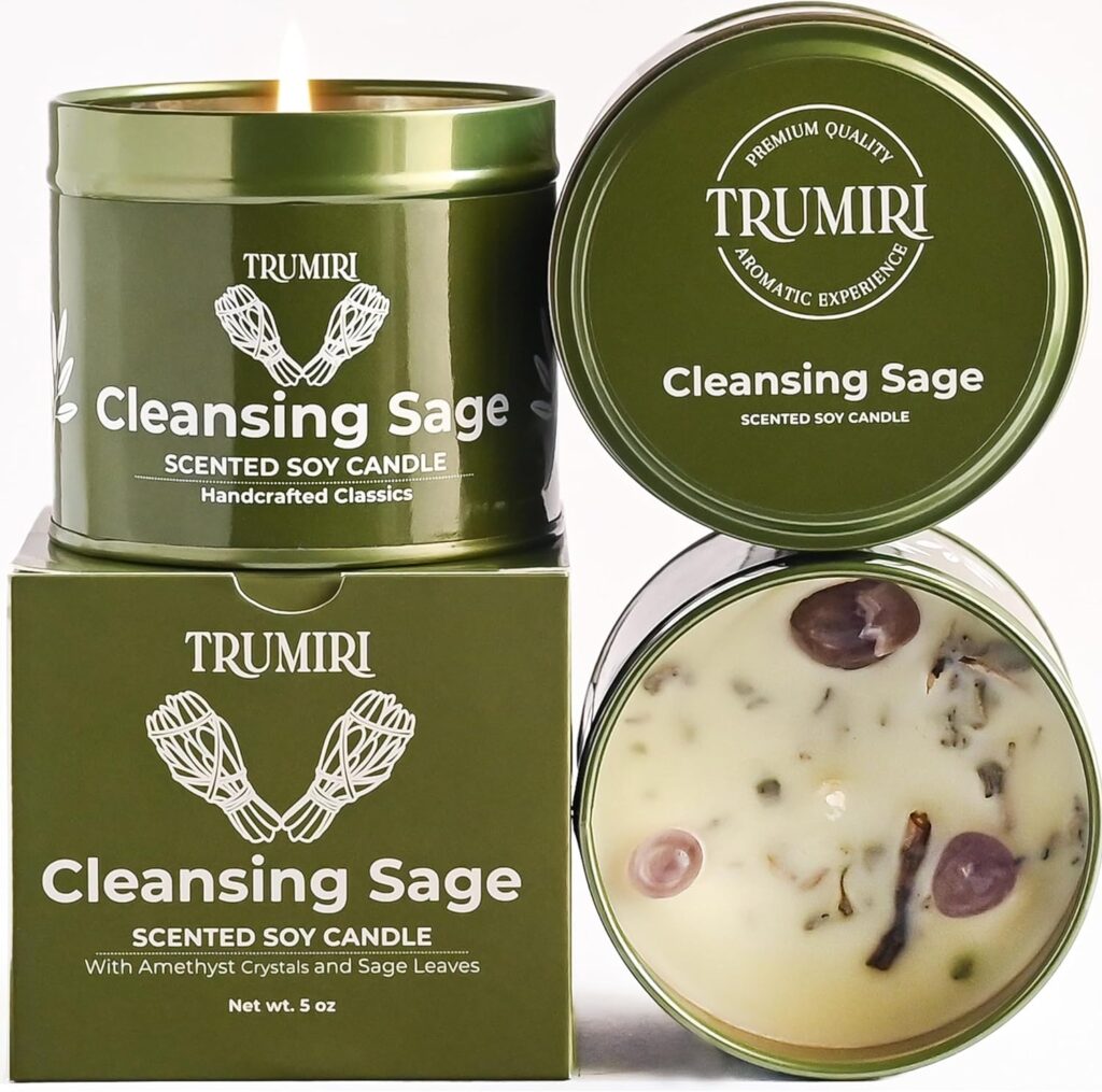 Sage Candle for Cleansing House Negative Energy Smudge Kit – 5oz Soy Wax Natural Clean Organic Non Toxic – Aromatherapy Spiritual Meditation Gifts – Long Lasting Highly Scented Candel with Crystals