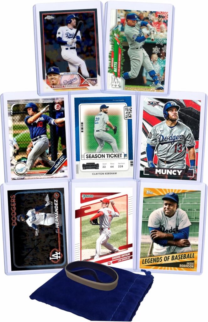 Los Angeles Dodgers Baseball Cards: Freddie Freeman, Shohei Ohtani, Mookie Betts, Will Smith, Clayton Kershaw, Max Muncy, Teoscar Hernandez, Jackie Robinson ASSORTED Stars and GOATs LA Trading Card and Wristbands Gift Pack