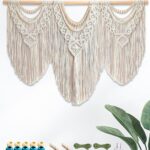 Gliterra Large Macrame Wall Hanging Handmade Boho Tapestry 43″x32″ – Wall Art Decor with Wooden Beads & Rod for Living Room, Bedroom, Wedding (Includes 3-Color Beads, Clips & Green Cotton Rope)