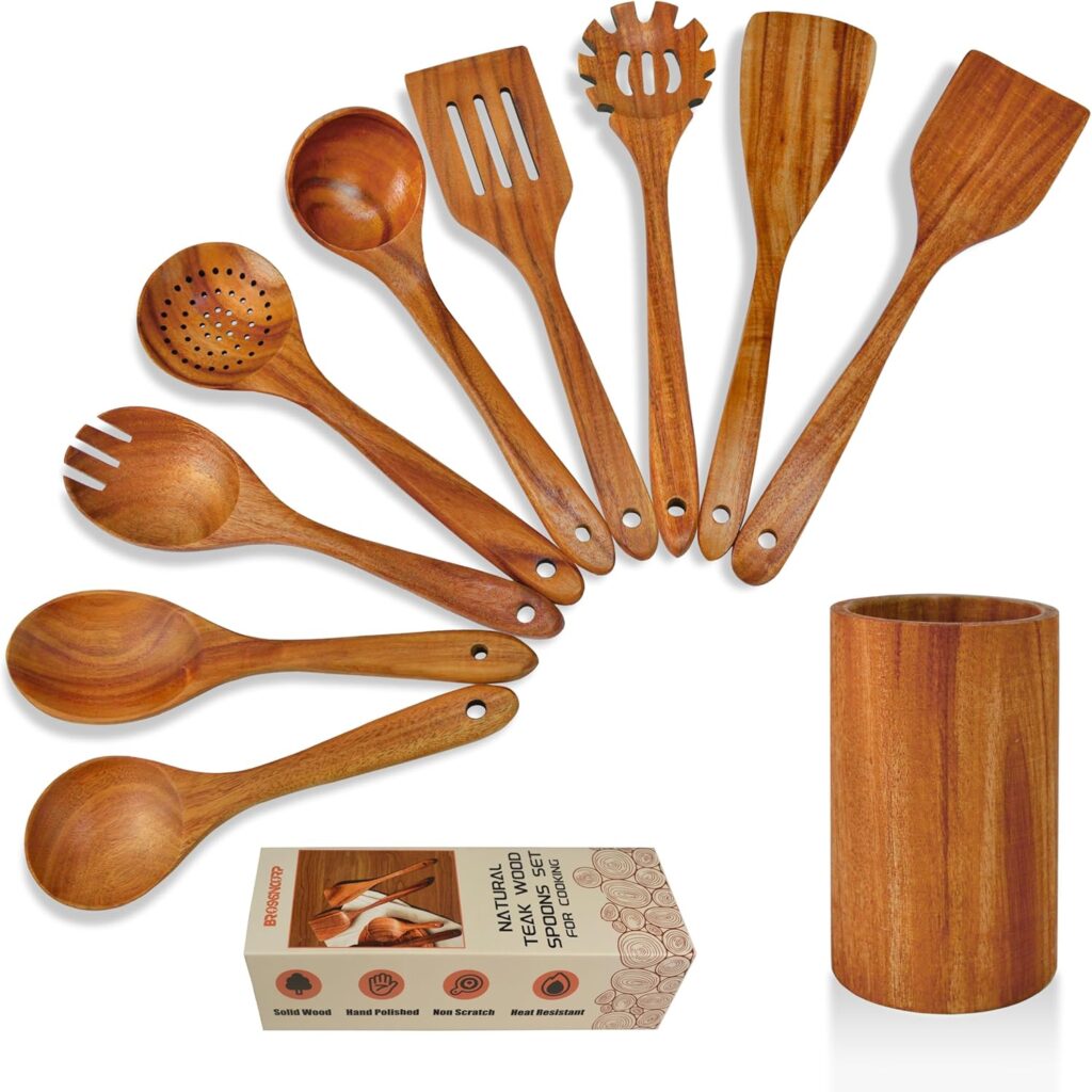 Natural Teak Wood Spoons for Cooking with Holder 10 Pcs, Comfortable Grip Wooden Kitchen Utensils Set Scratch-Free Smooth Finish for Non-Stick Cookware