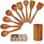 Natural Teak Wood Spoons for Cooking with Holder 10 Pcs, Comfortable Grip Wooden Kitchen Utensils Set Scratch-Free Smooth Finish for Non-Stick Cookware
