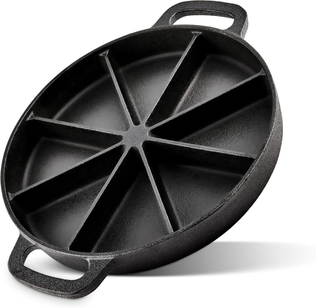 Modern Innovations Classic Cast Iron Wedge Pan, Non-Stick Cornbread Skillet with Easy Transport Handles, 8 Slice Divided Cast Iron Baking Pan for Scones, Biscuits, Breads & Desserts