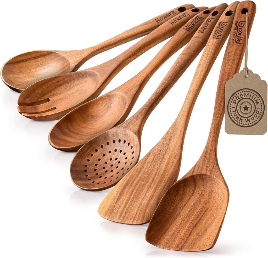 Boxiki Kitchen Luxury Teak Wood Utensil Set – Elegant 6-Piece Cooking Ensemble Including Spoons, Server, Scraper & Spatula – Expertly Crafted for Culinary Excellence