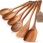 Boxiki Kitchen Luxury Teak Wood Utensil Set – Elegant 6-Piece Cooking Ensemble Including Spoons, Server, Scraper & Spatula – Expertly Crafted for Culinary Excellence