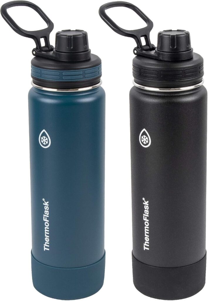 ThermoFlask Bottle with Spout Lid – Stainless Steel Water Bottles with Double-Wall Insulation & BPA-Free Spout Lids – Leak-Proof Reusable Bottles & Lids – 24 oz, Mayan Blue/Black (2 Pack)