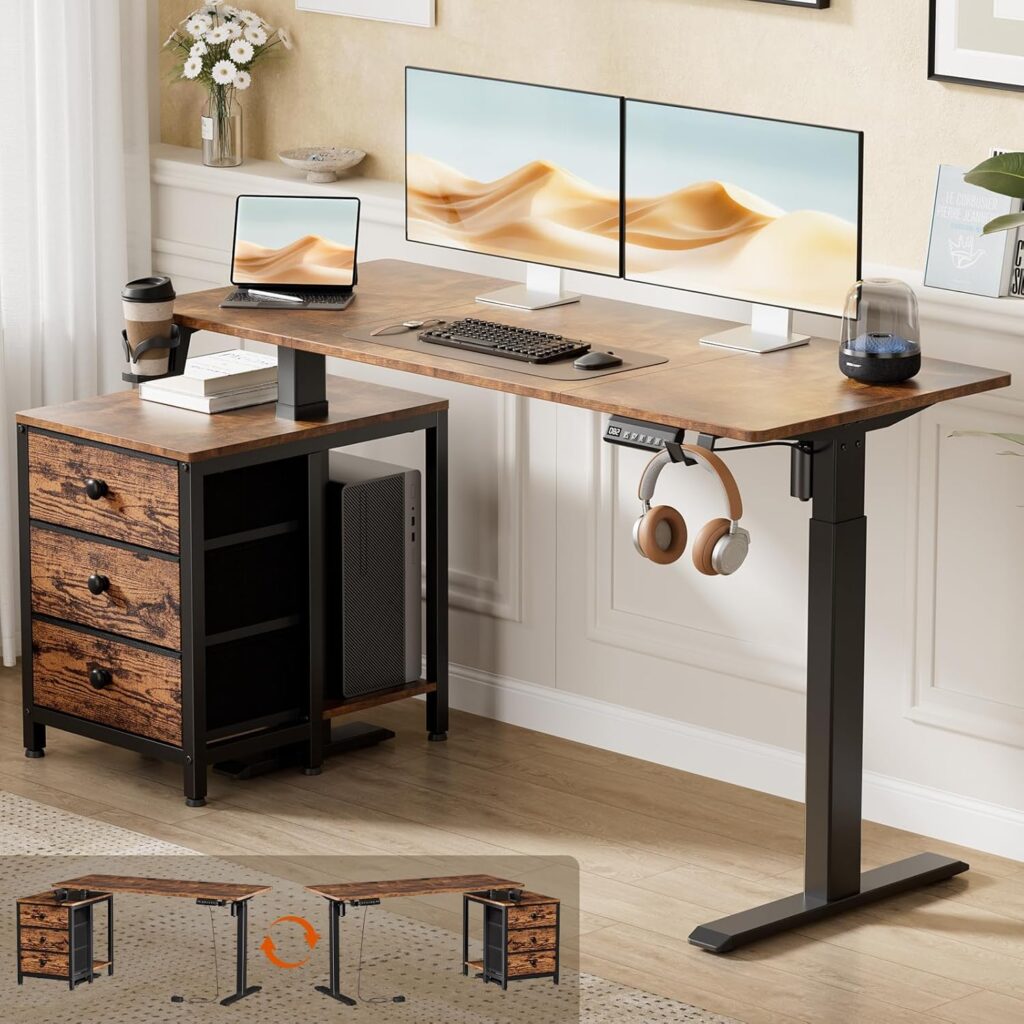 REAHOME Electric Standing Desk with Drawers, 55 x 24 Inches Height Adjustable Sit Stand Desk with Storage, 3 Memory Preset Home Office Computer Desk, Printer Cabinet Cable Management, Rustic Brown