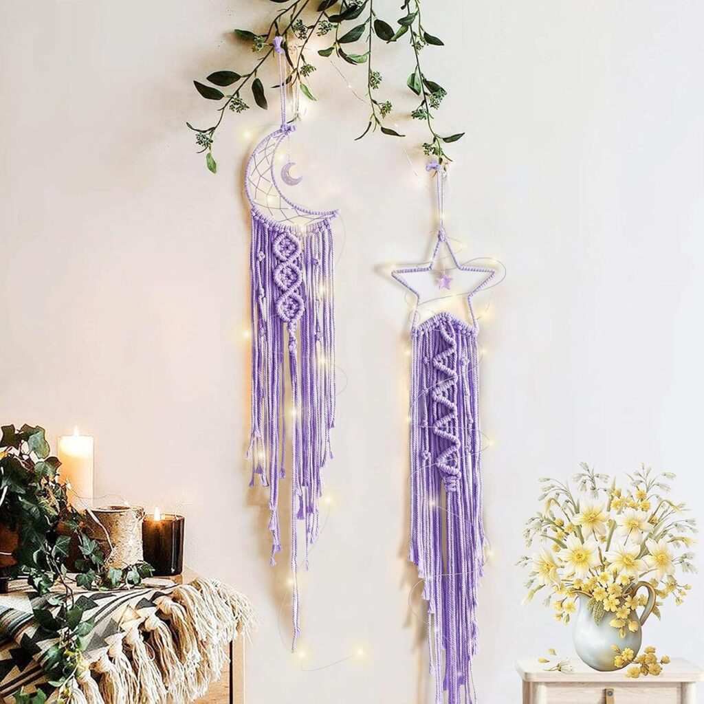 Moon Star Dream Catcher Decor,2pcs Boho Home Moon Star Dreamcatcher,Macrame Wall Hanging Boho Home Decor for Kids Baby Bedroom Decoration for Women Girls Craft Holiday Gifts Purple