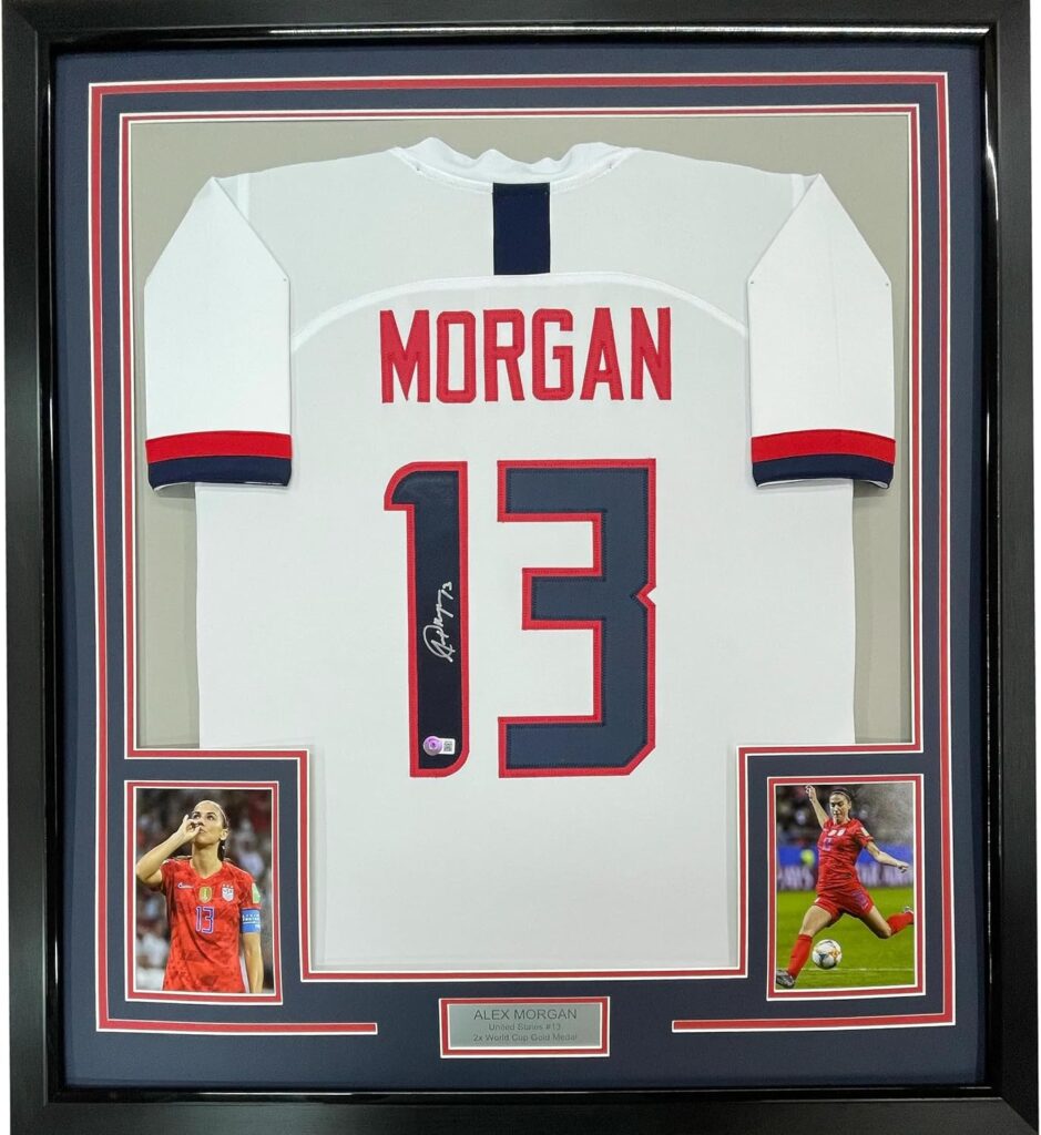 Framed Autographed/Signed Alex Morgan 33×42 White Soccer Team USA World Cup Jersey JSA COA