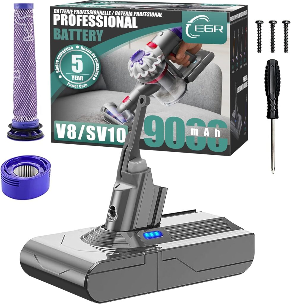 EGR Upgraded 9000mAh V8 Battery Replacement Compatible with Dyson V8 Animal Battery Replacement V8 Absolute V8 Motorhead V8 Fluffy SV10 Carbon Fiber Vacuum Cleaner 2 Filters and 3 Screws Included