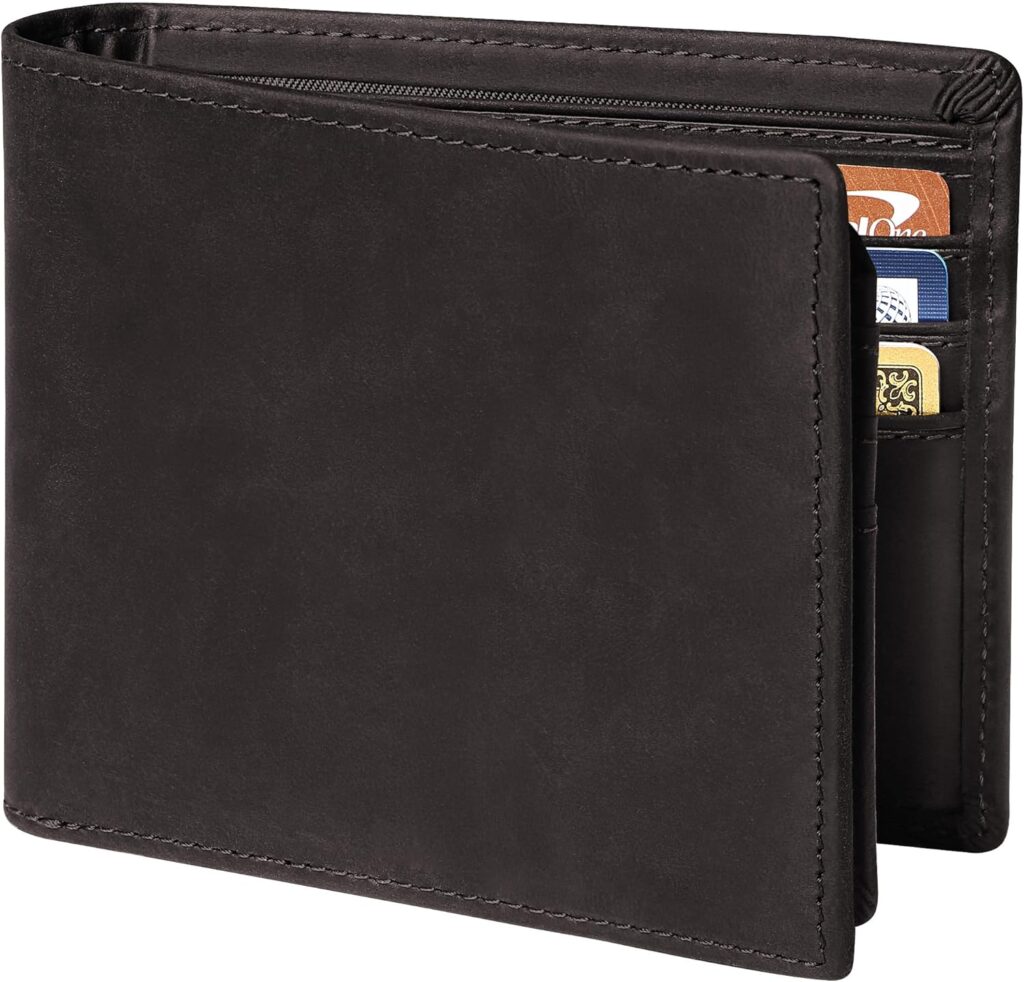 Genuine Wallet for Men – RFID Blocking Leather Bifold – Slim Front Pocket Wallet with ID Window, 11 Card Slots – Gift for Dad, Husband, & Boyfriend, Deep Brown