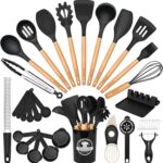 Astercook Kitchen Utensils Set, 39 PCS Silicone Cooking Utensils Set with Wooden Handle, 446°F Heat Resistant Food Grade Utensil Sets, BPA Free Kitchen Gadgets Tools Set for Nonstick Cookware (Black)