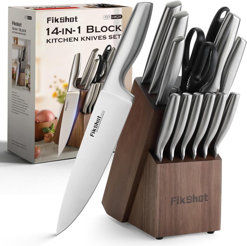 Knife Block Set, Kitchen Knife Sets with Block, FIKSHOT Knives Set for Kitchen – Razor-Sharp Santoku Knife, Fruit and Kitchen Sets – Rust Resistant for Homecooks (Silver + Walnut)