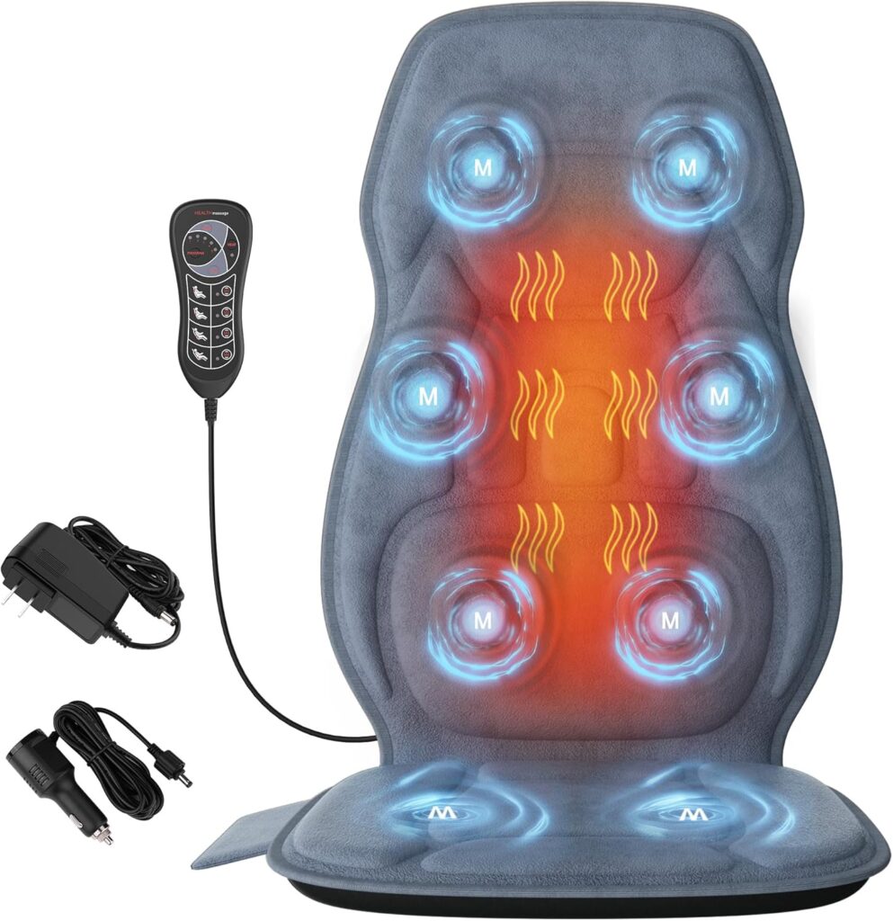 Back Massager with Soft Plush Fabric Cover, Massage Seat Cushion with 8 Vibration Motors & 2 Heating Levels, Chair Massager for Recliner, Office Chair, Sofa Use, Gifts for Dad Mom