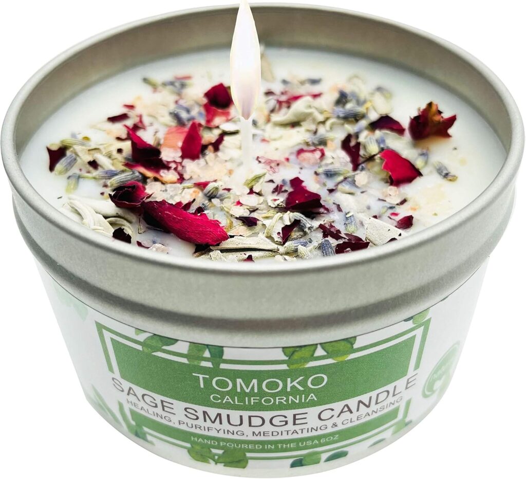 TOMOKO White Sage Candle, Sage Leaf, Rose, Lavender, Himalayan Salt & Essential Oil