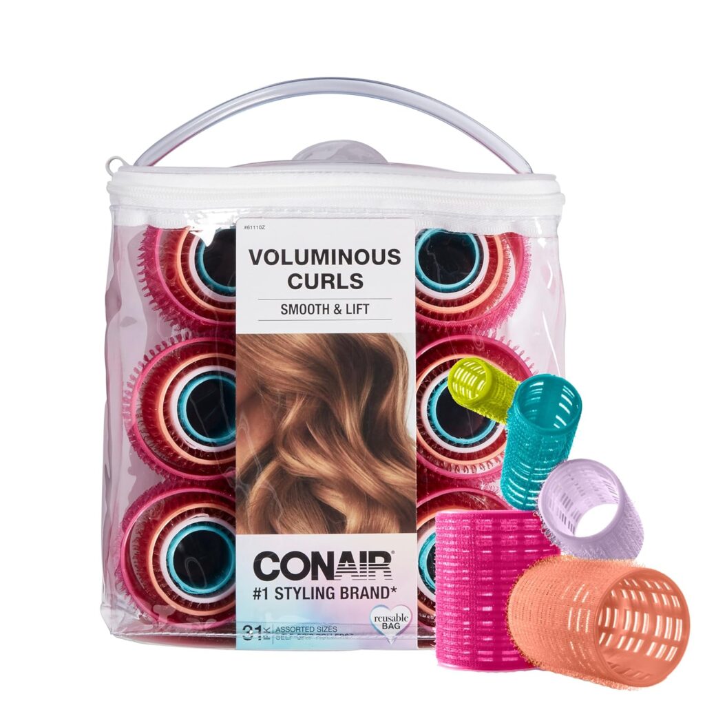 Conair Heatless Curlers- heatless curls overnight – Hair Rollers for Lift & Volume – Assorted Sizes and Colors – 31 Count w/storage