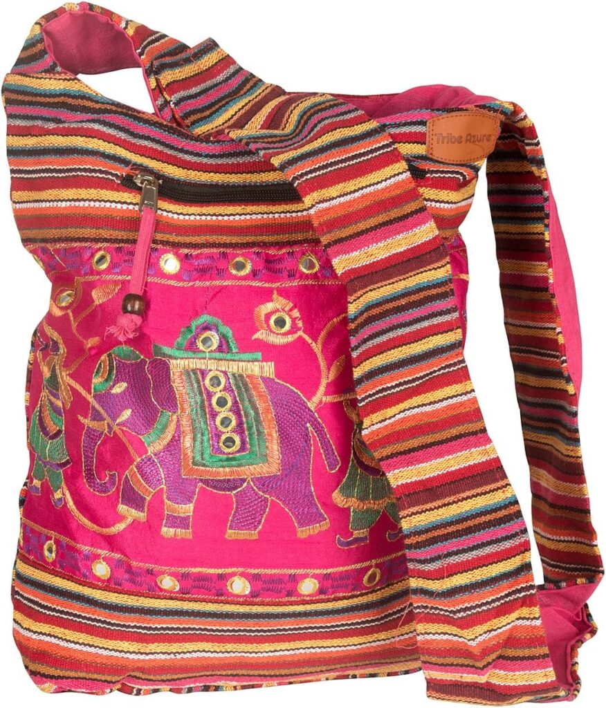 Pink Shoulder Bag Handmade Embroidered Elephant Boho Bohemian Hippie Tote Gypsy Beach Bag