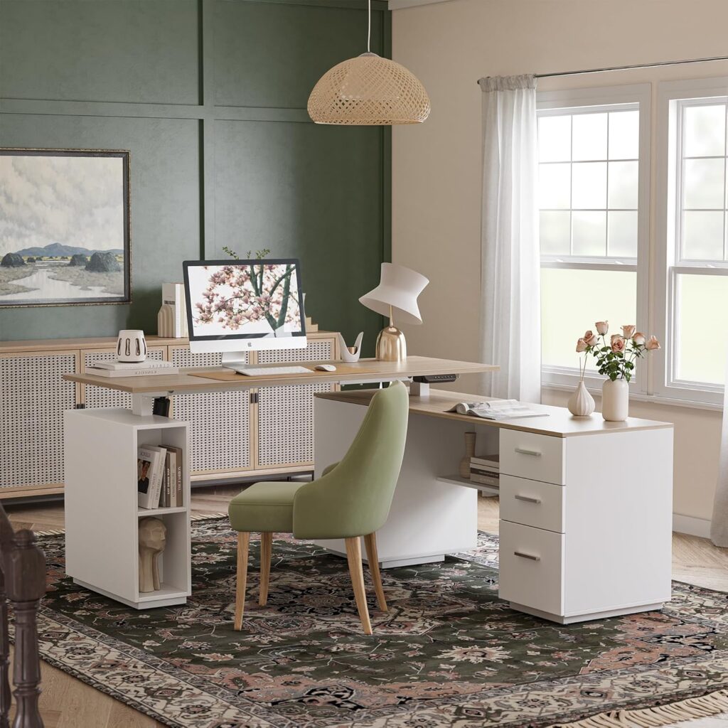 FEZIBO L-Shaped Standing Desk with Drawers and Shelves, Electric Standing Desk Adjustable Height, Executive Computer Desk 63 inch Light Walnut