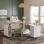 FEZIBO L-Shaped Standing Desk with Drawers and Shelves, Electric Standing Desk Adjustable Height, Executive Computer Desk 63 inch Light Walnut