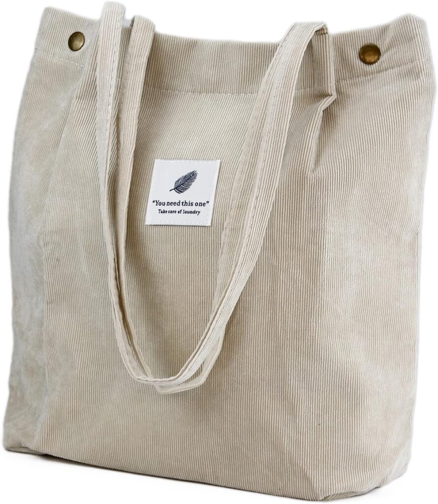 Corduroy Tote Bag Cute Tote Bags for Women Shoulder Bag with Inner Pocket for Work Beach Travel and Shopping Grocery